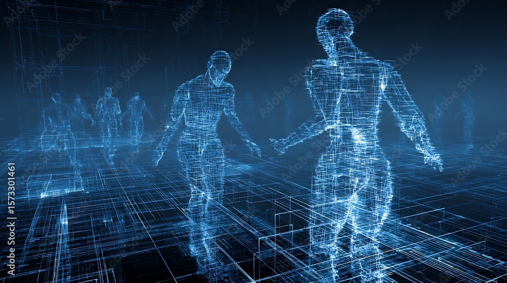 Poster robotic experts testing virtual ai simulations projected into a glowing blue light grid of complexit