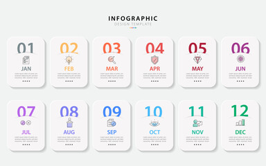 Timeline calendar infographic template. 12 Step timeline journey, Simple flat year plan infographics. Business concept with 12 options, diagram vector illustration.