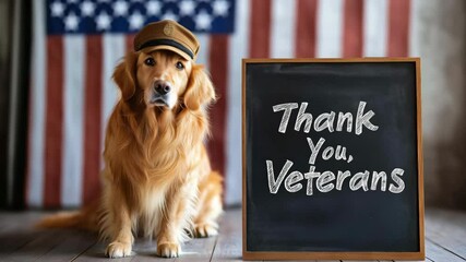  Golden retriever in veteran cap sitting near chalkboard saying "Thank You, Veterans" with American flag in background — video with copy space in center for patriotic campaigns, Veterans Day