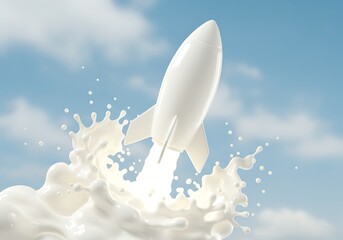Rocket launches with a milky splash against a bright blue sky
