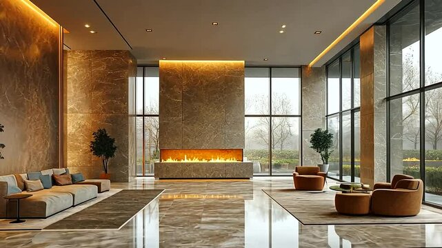 Elegant hotel lobby with modern design featuring a fireplace, comfortable seating, and large windows