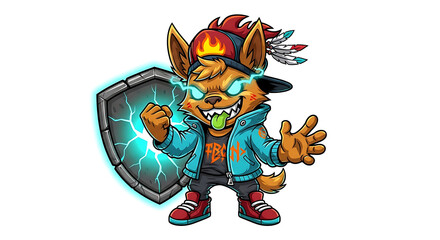 Fierce Cartoon Mascot Design  Energetic Canine with Shield