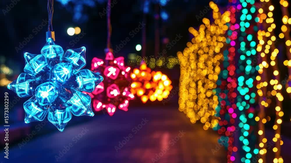 Poster brightly lit string of colorful, round christmas lights illuminate a nighttime setting. they are str