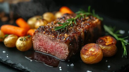 Juicy grilled steak with roasted vegetables on black slate plate with rising steam — video with copy space on the right for restaurant menus, cooking tutorials, or food delivery branding