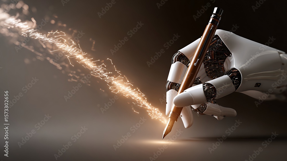 Poster robotic hands writing virtual ai algorithms into the air as bright light streams follow