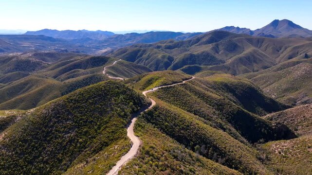 Aerial view of mountains and winding road, United States.