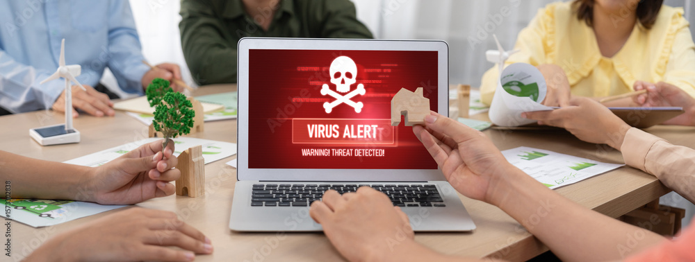 Poster virus warning alert on computer screen detected brisk cyber threat , hacker, computer virus and malw