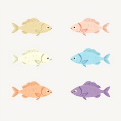 Fototapeta premium Six colorful cartoon fish illustration in different pastel colors on a white background design element