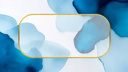 Blue watercolor abstract background with elegant golden frame, horizontal shot, landscape orientation, wide format. Ideal for invitations, branding, or luxury greeting cards.