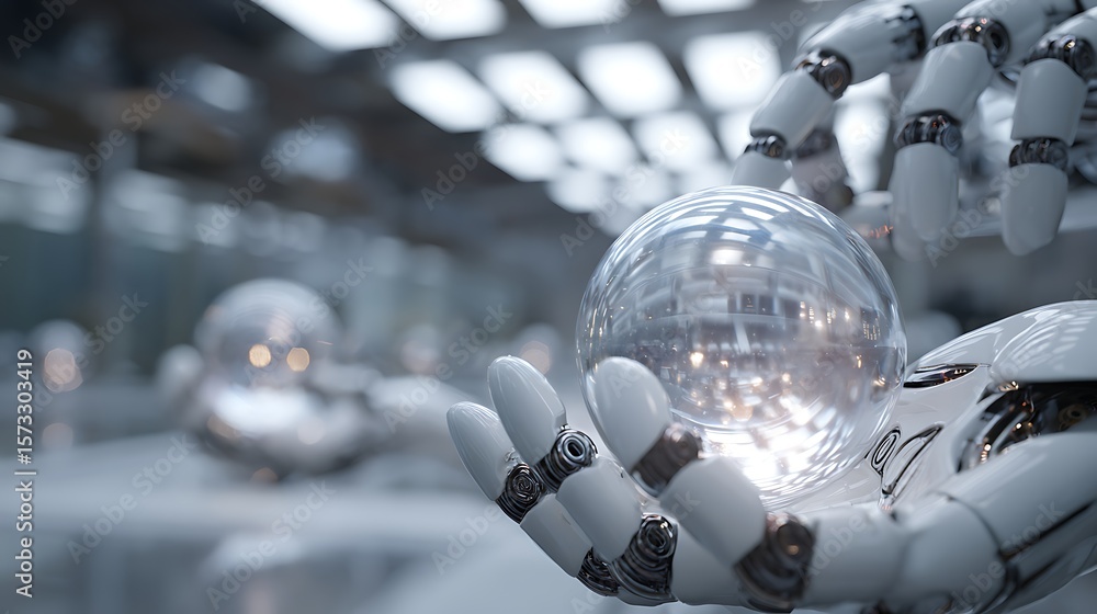 Poster robotic hands manipulating illuminated data orbs inside a high-tech lab filled with light panels