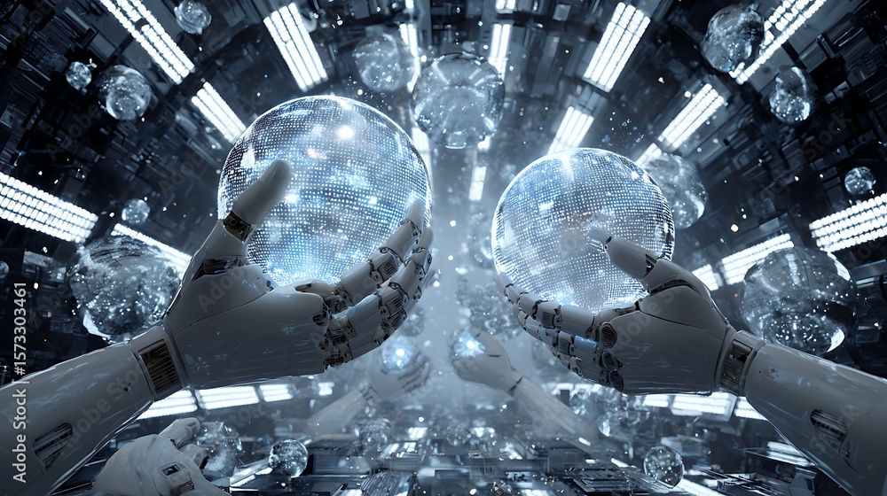 Poster robotic hands manipulating illuminated data orbs inside a high-tech lab filled with light panels