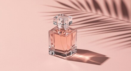 Elegant perfume bottle on a pink surface casting a palm leaf shadow creating a summer vibe