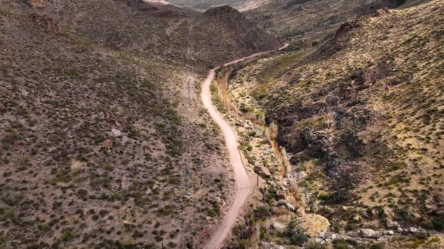 Aerial view of mountains and winding road, United States.