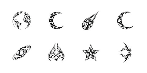 Space silhouette vector icons pack featuring planets stars galaxies comets satellites rockets astronauts and telescopes in minimal black graphic design


