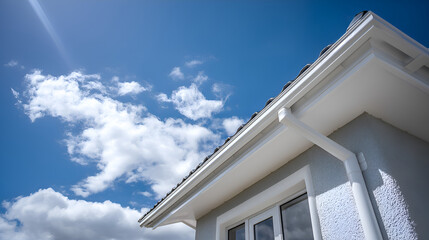 Fototapeta premium White rain gutter against blue sky with clouds protecting house