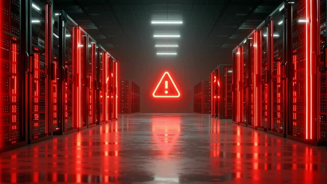 Server Room Security Breach Red Warning Lights and Technology Create Tense Atmosphere Amidst Data Protection Concerns