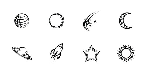 Silhouettes of space objects and symbols including rockets planets stars moons satellites and galaxies in modern flat vector black line icon collection

