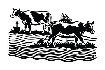 Cows Grazing by a Lakeside – Vector Farm Scene