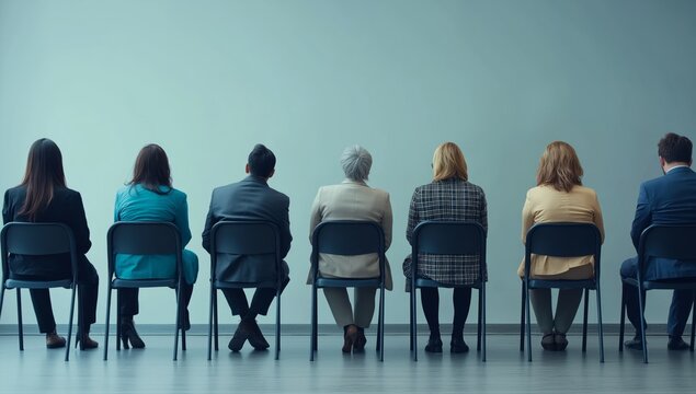 Seven people sit in chairs against a plain wall, dressed in formal attire, showing a mix of emotions as they prepare for an upcoming interview in a corporate office.