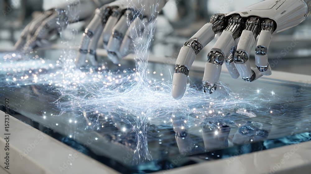 Poster robotic hands assembling intricate light-based data structures hovering above a transparent table
