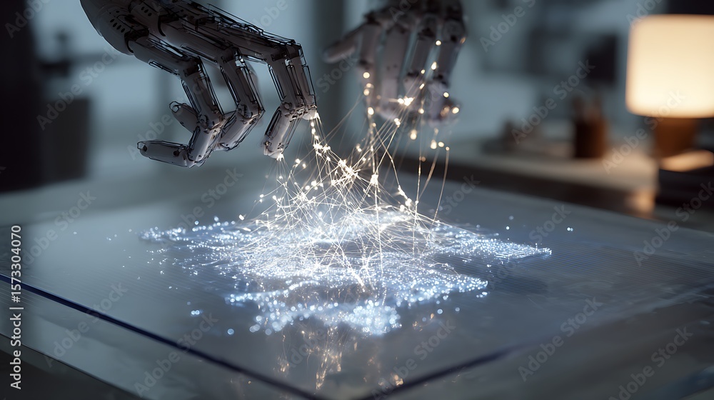 Poster robotic hands assembling intricate light-based data structures hovering above a transparent table