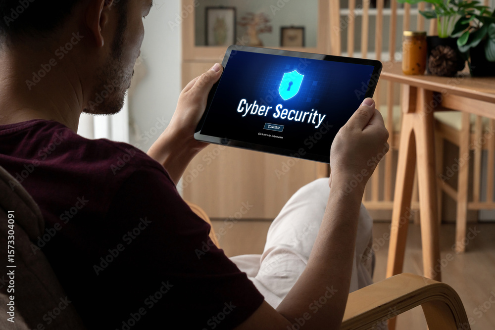 Poster cyber security system on computer screen protect private information snugly from hacker and cyber at