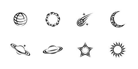 Vector set of space silhouette icons with celestial bodies rockets satellites telescopes stars moons aliens and galaxies for science and tech themes

