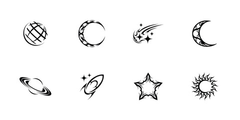 Silhouette vector icons of space exploration symbols including satellites rockets planets stars moons comets and astronauts in flat black design

