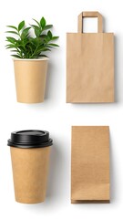 Kraft Paper Packaging with Plant and Coffee Cup

