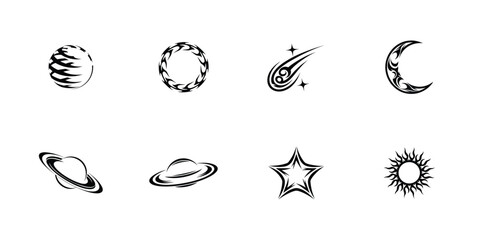 Black silhouette space symbols vector illustration with rockets planets stars galaxy moon alien head telescope and satellite for educational or sci-fi design

