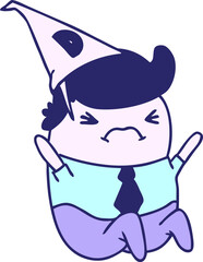 Hand drawn cartoon kawaii man in dunce hat in bright neon color