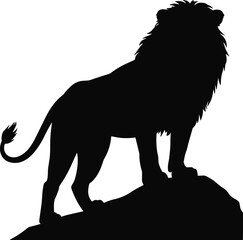 Majestic Lion Silhouette Standing Proudly on Rock Peak Vector Illustration, King of Jungle Wildlife Symbolism, Powerful Nature Predator Animal Design Element, CAD Drawing Flat Vector Illustration