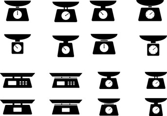 digital Scale icon set. Judgement justice scales symbols. Vintage balance and equilibrium. Weight icons. Law punishment sign
