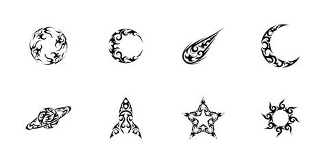 Astronomy silhouette vector icons collection including planets stars moon satellites telescopes comets and rockets in black flat design for science themes

