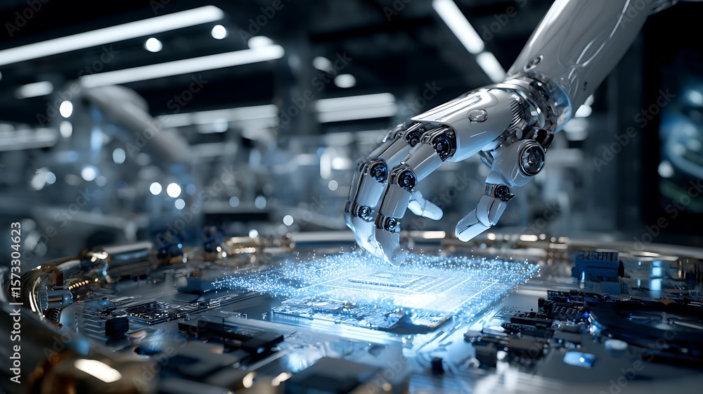 Poster robotic hands carefully inspecting holographic computer chips inside a high-tech engineering lab