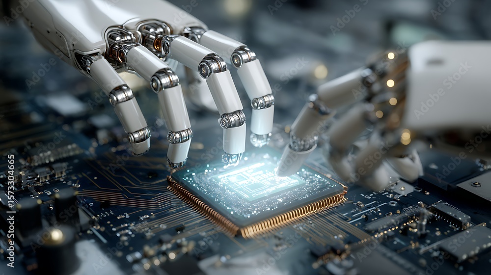 Poster robotic hands carefully inspecting holographic computer chips inside a high-tech engineering lab