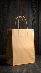 Blank Brown Kraft Paper Shopping Bag on Dark Wooden Background