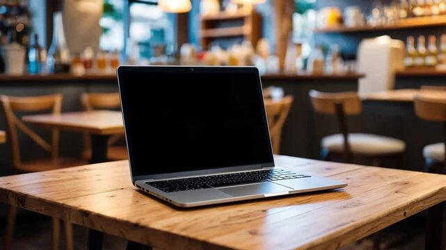 Laptop on wooden table in cafe, technology for business, work and lifestyle.