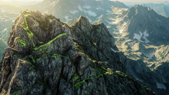 A mountain with a green patch on it. The mountain is covered in snow. The snow is white