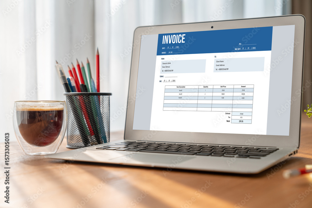 Poster invoice on computer screen from accounting application. computer program for financial and budget of