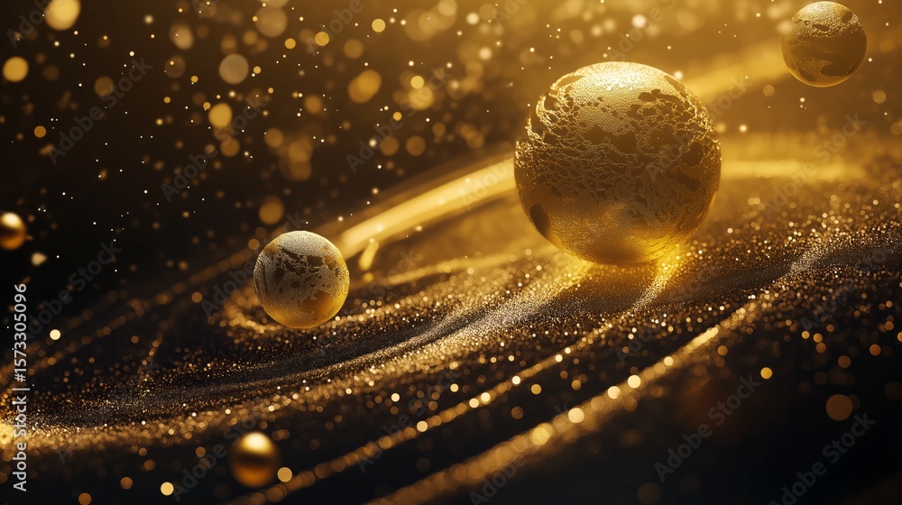 Aufkleber golden spheres float in a swirling cosmic environment, bathed in an ethereal glow. the dynamic textu
