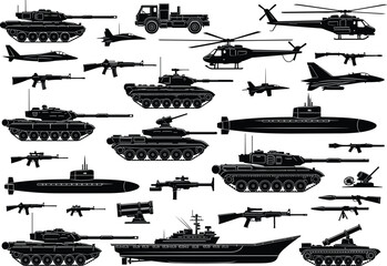 Military vehicles and weaponry vector illustration, a comprehensive collection of war machines including tanks, aircraft, helicopters, ships, submarines, and firearms for defense and combat design.