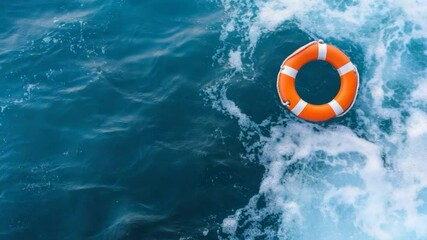 Life buoy floating on calm ocean water for maritime safety and environmental awareness
