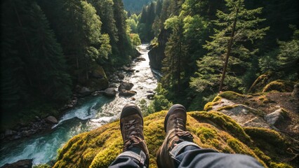 Photorealistic first-person view looking down at feet wearing hiking boots standing on moss-covered rocky outcrop, overlooking a flowing mountain stream surrounded by lush green forest. Sunlight filte