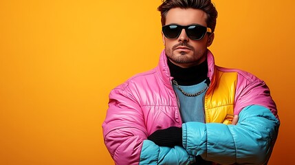 Obraz premium Stylish man in a vibrant, colorful puffer jacket.