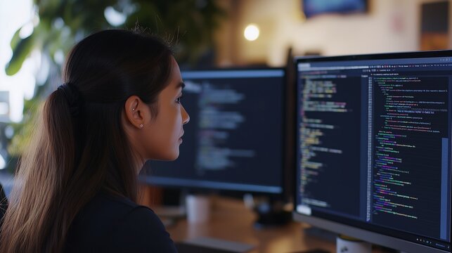 A skilled developer is intensely focused on writing code at a contemporary workspace filled with computer monitors and soft, ambient lighting, indicating a productive atmosphere.