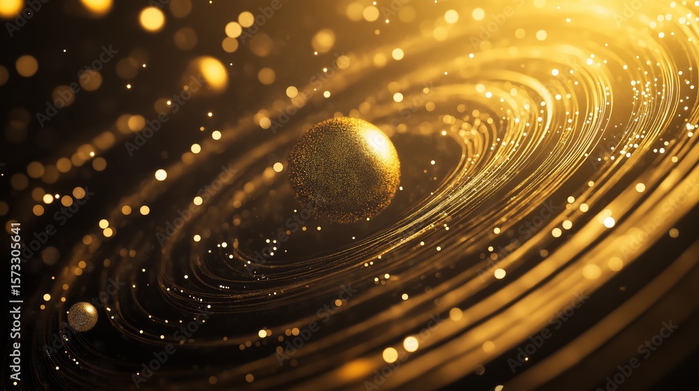 Poster golden particles swirl around a central sphere, creating a mesmerizing cosmic effect. the scene embo