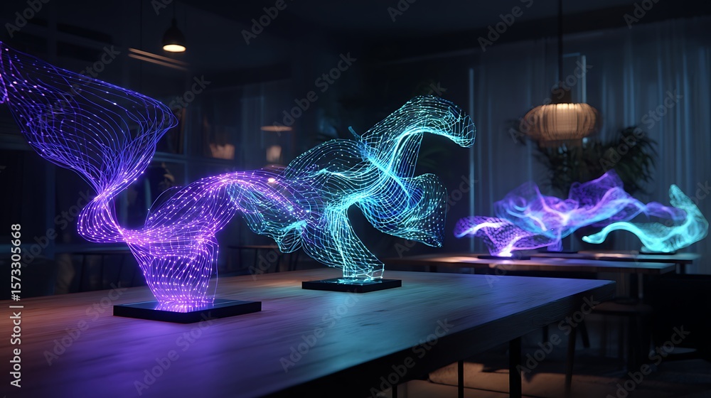 Poster robotic scientists training glowing neon ai models displayed as floating light structures above a ta