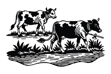 Cows Grazing by a Lakeside – Vector Farm Scene