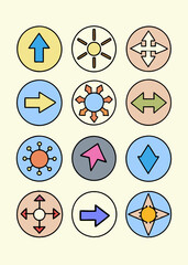 Collection of colorful circular icons featuring arrows and abstract shapes